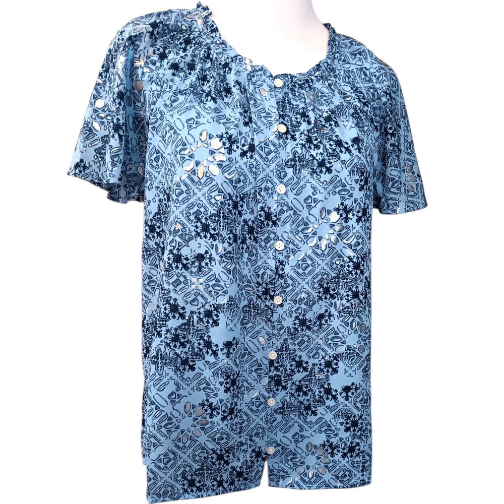 New Style&Co Short Sleeve Blouse Top Shirt S Blue Silver Ruffled Career Vacation